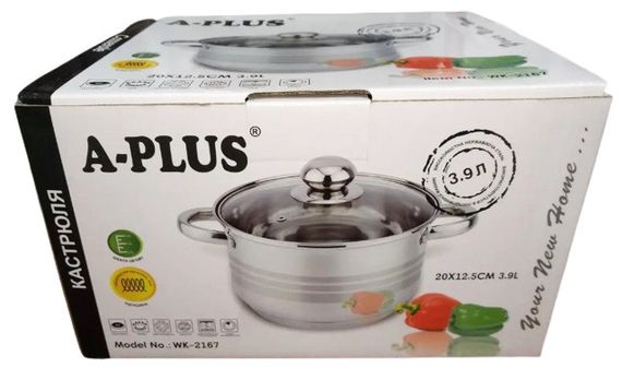 Кастрюля из нержавеющей стали A-Plus WK-2167 3.9 л со стеклянной крышкой с многослойным дном | Зображення 5