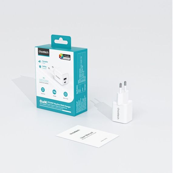 Мережевий зарядний пристрій Choetech PD5012-EU-WH, USB-A/USB-С | Зображення 2