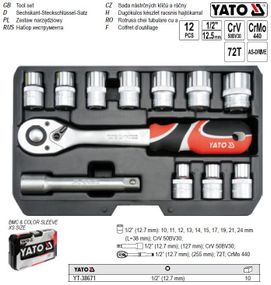 Набор головок торцевих YATO Польща 1/2" М10-24 h=38 мм l=125 мм 12 штук YT-38671