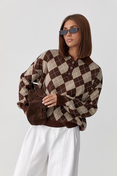 Вільний светр-поло з ромбами - коричневий цвет, ONE SIZE (є розміри) | Зображення 3