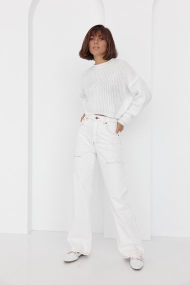 Короткий вязаный джемпер oversize молочный цвет S | Зображення 2