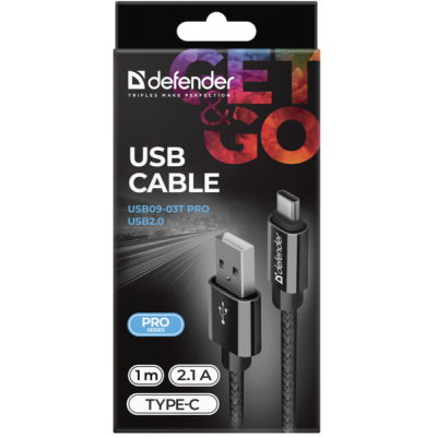 Дата кабель USB 2.0 AM to Type-C 1.0m USB09-03T PRO Black Defender (87814) | Зображення 2