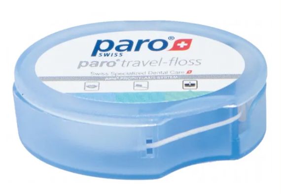 Зубна нитка дорожна paro® TRAVEL-FLOSS, вощена, з м’ятою, 5 м, синя