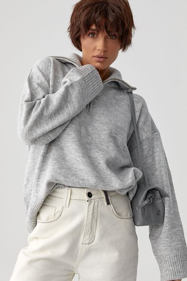 Однотонний в'язаний светр оверсайз із широкими рукавами - сірий цвет, ONE SIZE (є розміри) | Зображення 4