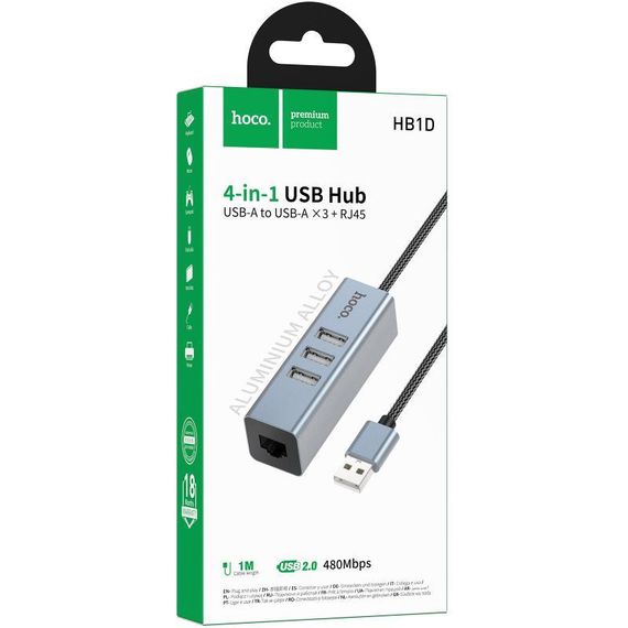 Переходник HUB Hoco HB1D USB to USB2.0*3+RJ45 Metal gray | Зображення 1