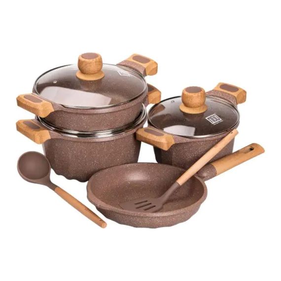 Набір посуду, 3 каструлі, товстодонне алюмінієве дно MGC з лопаткою та ополоником, кавовий HP-4-401CO | Зображення 1