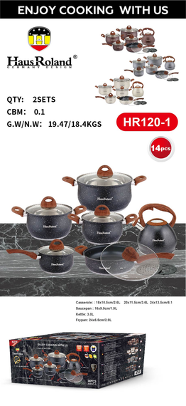 Набор посуды Haus Roland HR120-1 (14 предметов) из нержавеющей стали: кастрюли 2,6/3,6/6,1 л; ковш 1,9 л; сковорода 2,9 л; чайник | Зображення 1