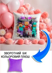 Подушка плюшева Мерч Крафт Дизайн з принтом Майнкрафт Minecraft 2 бузковий плюш квадратна 33х33 см
