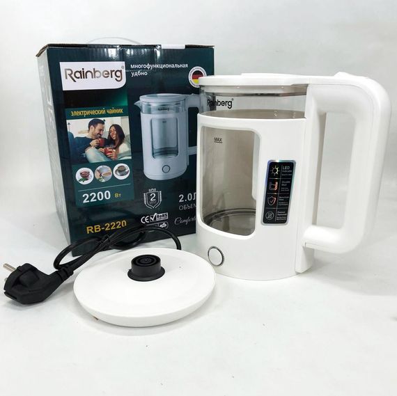 Електрочайник Rainberg RB-2220 скляний дисковий прозорий. Чайник із підсвічуванням 2200W. WA-312 Колір: білий | Зображення 6