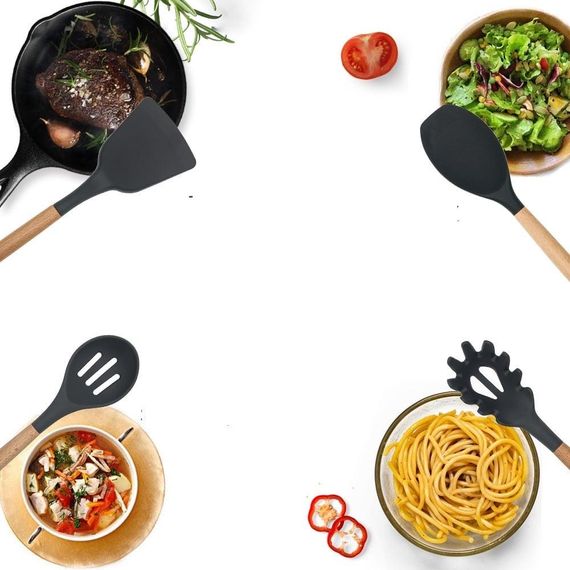 Набір кухонного приладдя із силікону та дерева 12 предметів Kitchen Set з підставкою Чорний | Зображення 8