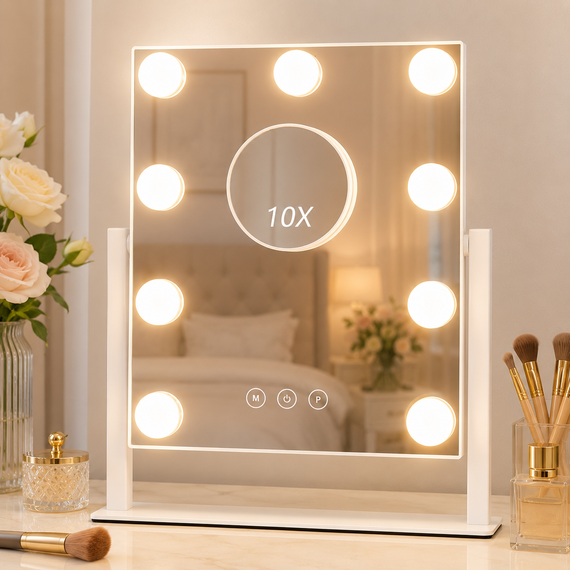 Косметичне дзеркало, з підсвіткою, Голлівудське, 9 LED, 10Х, Біле/Дзеркало з лампочками/Настільне дзеркало для макіяжу | Зображення 7