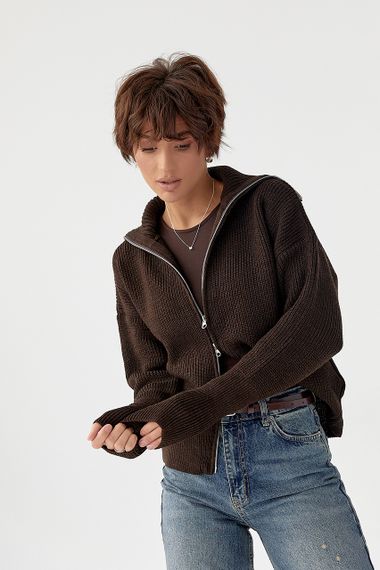 В'язаний кардиган на блискавці з високим коміром - темно-коричневий цвет, ONE SIZE (є розміри)