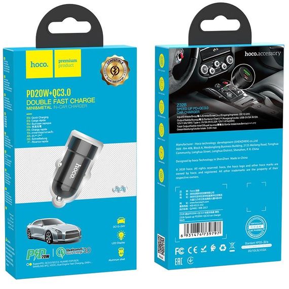 Автомобильное зарядное устройство Hoco Z32B 20W PD Type-C + QC3.0 (1USB/3A) - Black | Зображення 5