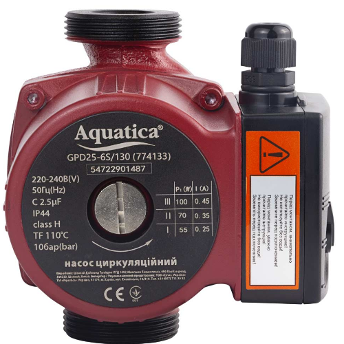 Насос циркуляційний 0,1кВт 6м 75л/хв Ø1½" 130мм + гайки Ø1" Aquatica | Зображення 1