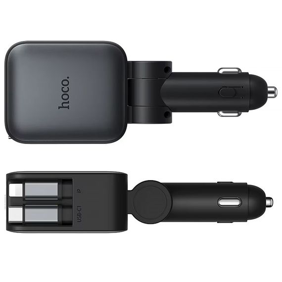 АЗП Hoco Z67A Triunfar PD45W+QC3.0 total 60W with retractable cables (1USB-A/2C/1L) Metal gray | Зображення 1
