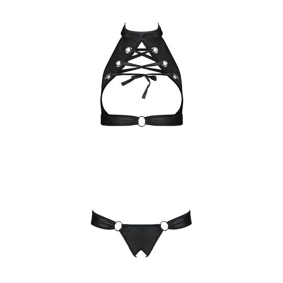 Комплект: відкритий топ та трусики з екошкіри з люверсами Malwia Set with Open Bra black XXL/XXXL — | Зображення 2