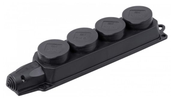 Колодка PiPo PP / SP-4/44 / 16B, 16А, 220-240В, IP44, з заглушкою, із заземленням 4 гнізда, каучук, чорний, Q10