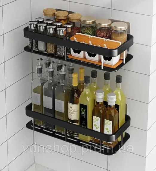 Настенная двухуровневая полка металлическая, самоклеящаяся для ванной комнаты, душевой. | Зображення 1