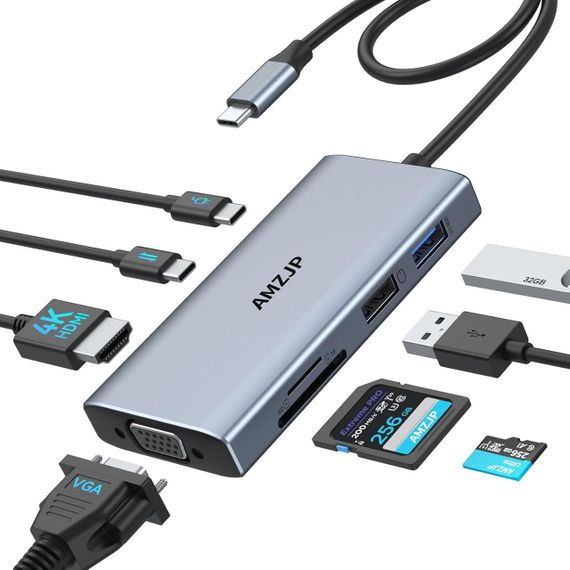 Хаб 8-в-1, многопортовый концентратор USB-C с HDMI 4K, VGA 1080p PD 100W 2xUSB-A кардридеры SD/TF док-станция