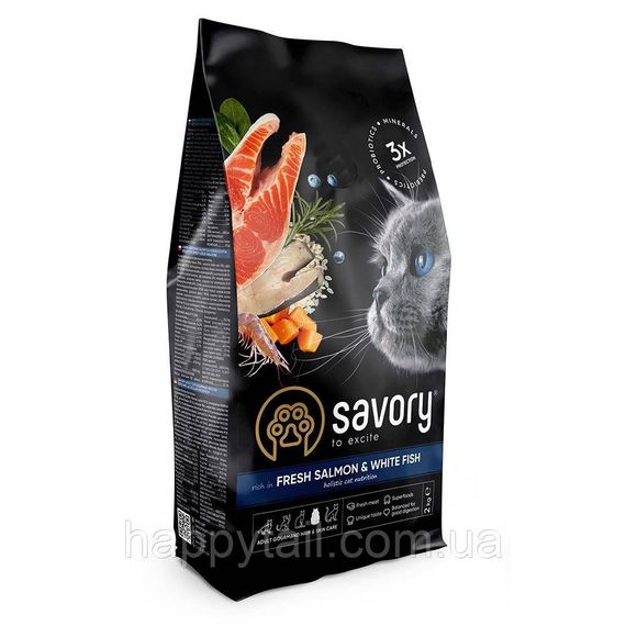 Корм сухий Savory Adult Cat Gourmand Fresh Salmon and White Fish для довгошерстих котів зі свіжим лососем і білою рибою 2 кг