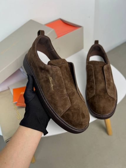 Сліпони Santoni без шнурівки коричневі замша ob438 | Зображення 8