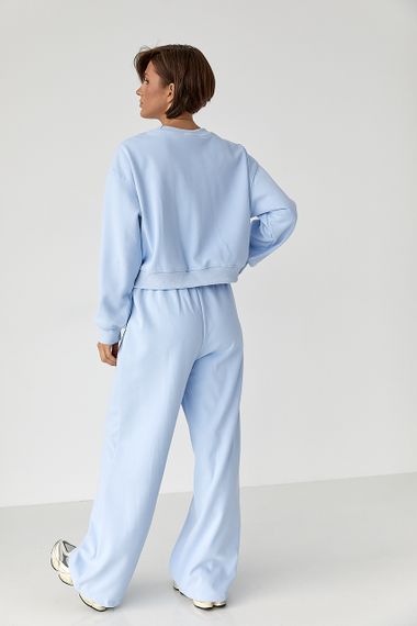 Спортивний костюм із плюшевим начісом з коротким світшотом та штанами палаццо - блакитний цвет, M/L (є розміри) | Зображення 1