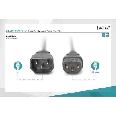 Кабель живлення Digitus  C14-C13 M/F, 1.2m, 0.75qmm, black (AK-440201-012-S) | Зображення 1