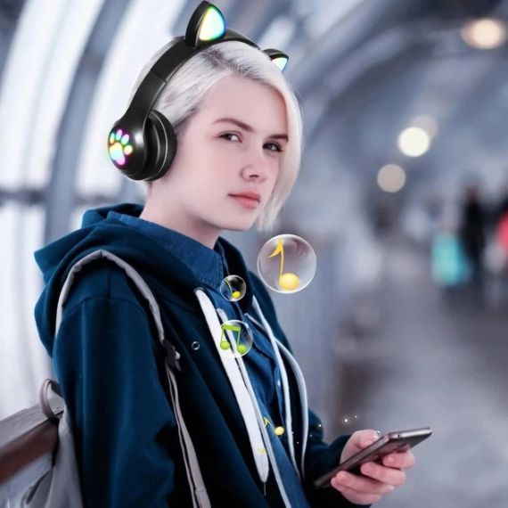 Беспроводные детские Bluetooth наушники с ушками и подсветкой Cat-23M Черный | Зображення 2