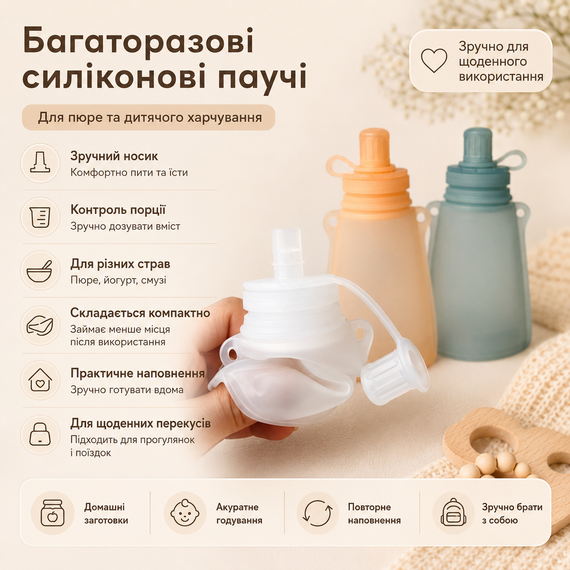 Багаторазові силіконові паучі-дой пак для пюре та дитячого харчування з кришками, 150 мл., блакитні | Зображення 1