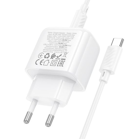 МЗП Hoco CS55A Surplus PD30W+QC3.0 (1USB-A/1C) + кабель Type-C to Type-C White | Зображення 6