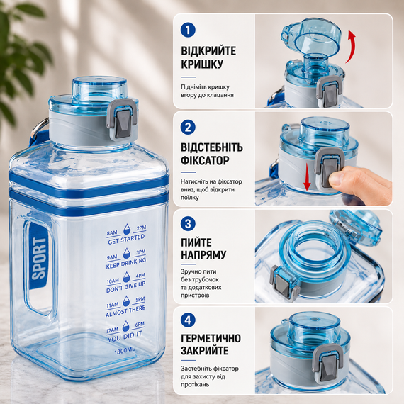 Спортивная Бутылка 2200 мл (Gallon) из голубого прозрачного и безопасного пластика (BPA Free) | Зображення 7