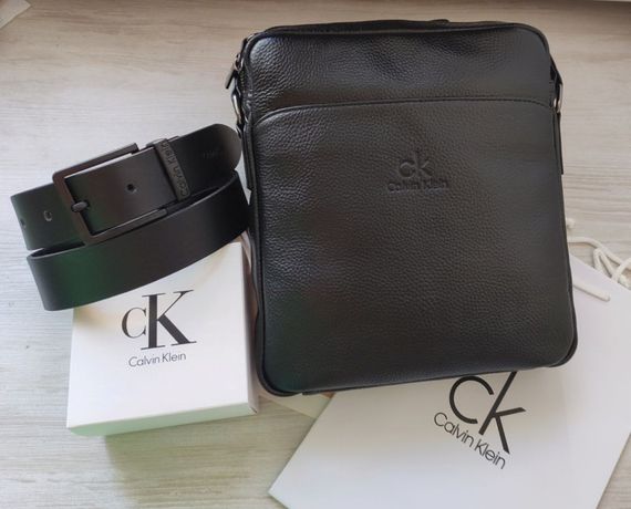 Стильний шкіряний набір Calvin Klein black, сумка месенджер гаманець та ремінь | Зображення 4