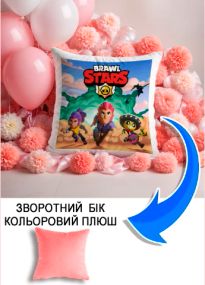 Подушка плюшева Мерч Крафт Дизайн з принтом brawl stars 3 рожевий плюш квадратна 33х33 см