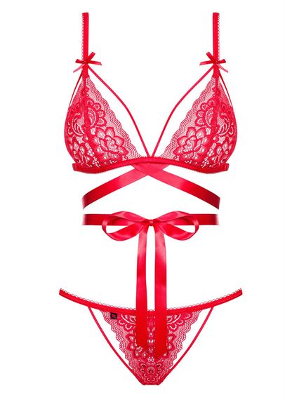 Комплект мереживний Obsessive Lovlea зі стрічками, червоний, L/XL | Зображення 4