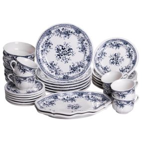 Столовый набор посуды тарелок и чашек 32 предмета на 6 персон Vintage Elegant фарфоровый, обеденный столовый сервиз тарелок Синий