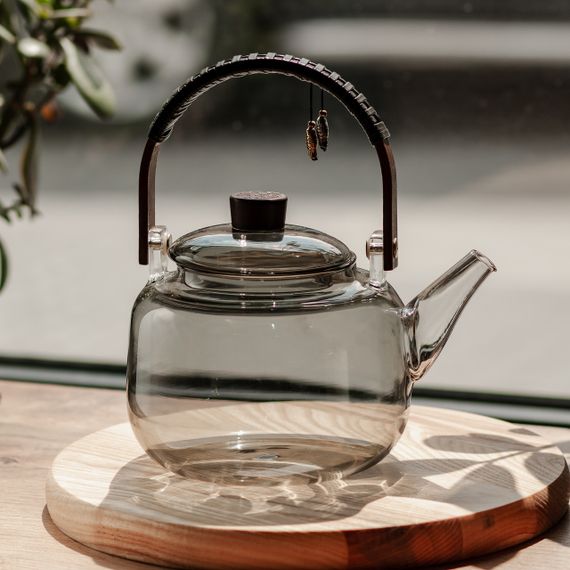 Заварник скляний для чаю 0.8 л Заварний чайник для заварювання з дерев'яною ручкою чорний HP-34-37 | Зображення 1