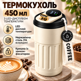 Термокружка 450 мл с LED-дисплеем температуры, нержавеющая сталь, белый с черной крышкой