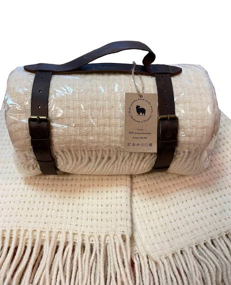 Плед вовняний Love You Тревел 130x180 см натуральний теплий для дому та подорожей з ременем (4539)