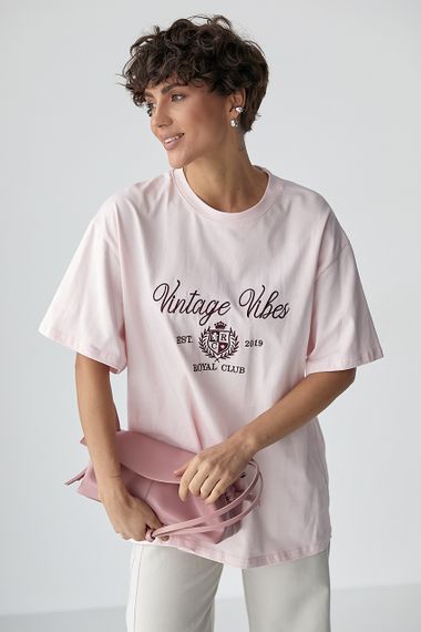Оверсайз футболка з вишитими написами - пудра цвет, ONE SIZE (є розміри)