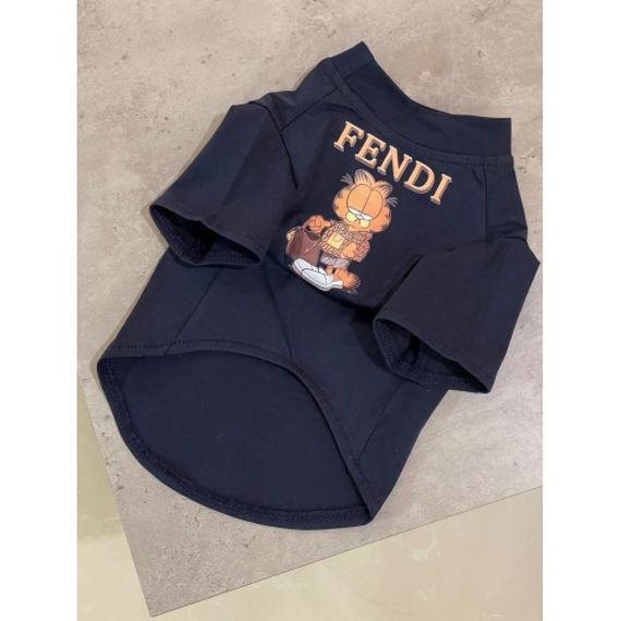 Брендовая футболка для собак FENDI с рыжим котом с сумкой, черная | Зображення 1