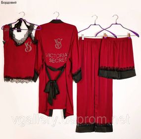 Комплект женский Пижама 6 в 1 атласная  -  Victoria`s Secret Виктория Сикрет  со стразами L