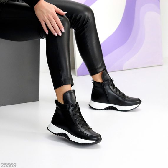 Шикарні чорні шкіряні спортивні черевики з білою шнурівкою | Зображення 6