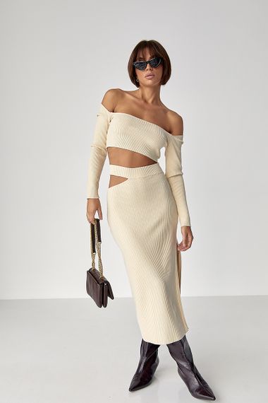 Костюм у рубчик із кроп-топом і спідницею - кремовий цвет, ONE SIZE (є розміри)