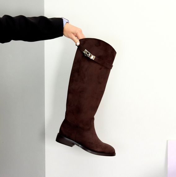 Шикарні хітові замшеві чоботи жокейки єврозима колір Шоколад | Зображення 1