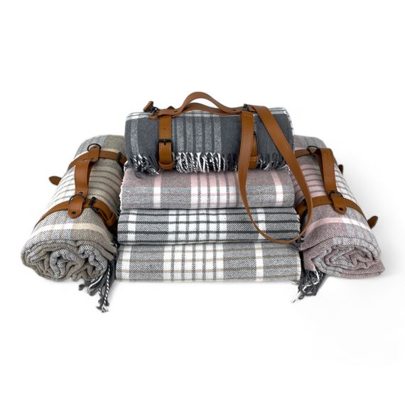 Плед тревел хлопковый клетка серый с ремнем Love You | Зображення 3