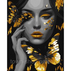 Картина по номерам "Девушка с золотыми бабочками" ©art_selena_ua Идейка KHO8307 40х50 см с красками металлик
