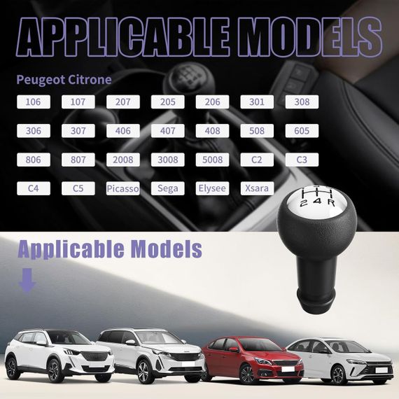 Ручка перемикання передач 5-ступінчаста, змінна головка коробки передач автомобіля для Peugeot Citroen ручка КПП чорний із сріблом | Зображення 5