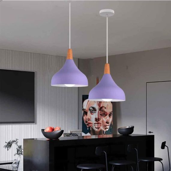 Подвесная лампа COSFEEL E27, фиолетовая, ретро, скандинавский стиль, металл+дерево, для кухни, спальни | Зображення 2