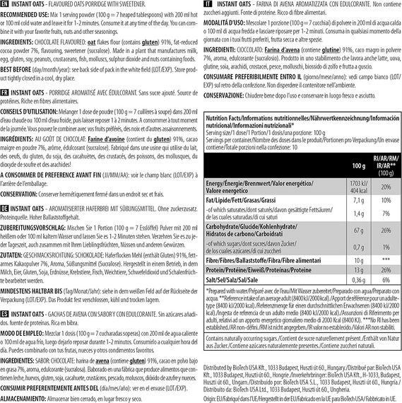 Замінник харчування BioTechUSA Instant Oats gluten free 1000 g /10 servings/ Chocolate | Зображення 1