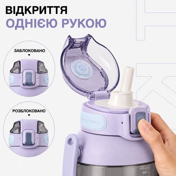 Пляшка TKK 1400 мл — Фіолетова Tritan BPA-free, ударостійка, спортивна з подвійною системою перенесення | Зображення 2
